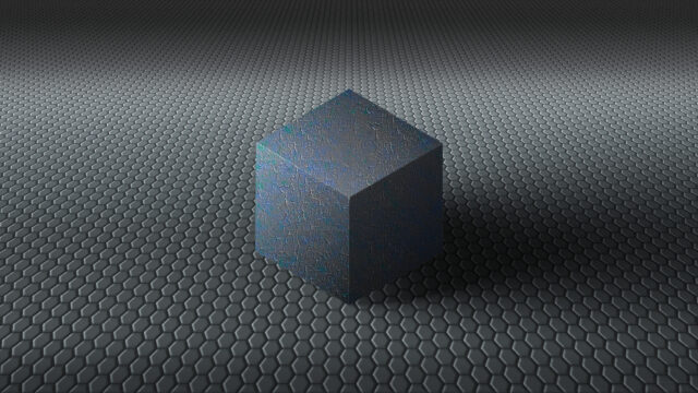Abstract 3D Metallic Cube on Hexagonal Pattern Desktop Wallpaper