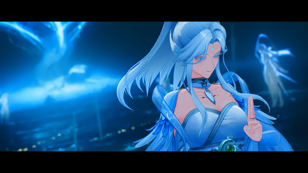 Beautiful Anime Girl with Blue Hair and Magical Aura Desktop Wallpaper