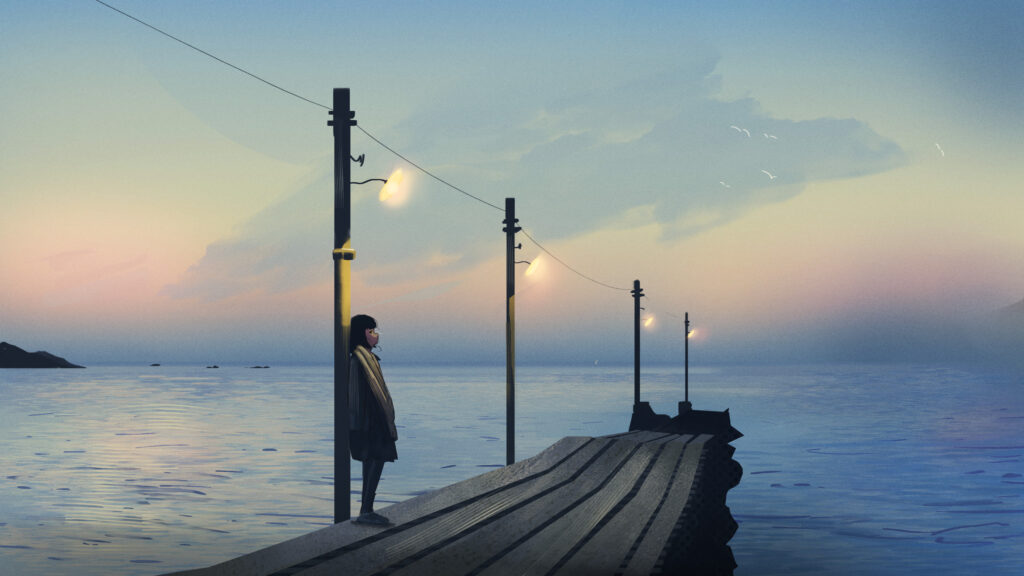 Lonely Girl Standing on a Pier at Sunset Anime Style Desktop Wallpaper