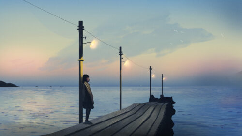 Lonely Girl Standing on a Pier at Sunset Anime Style Desktop Wallpaper