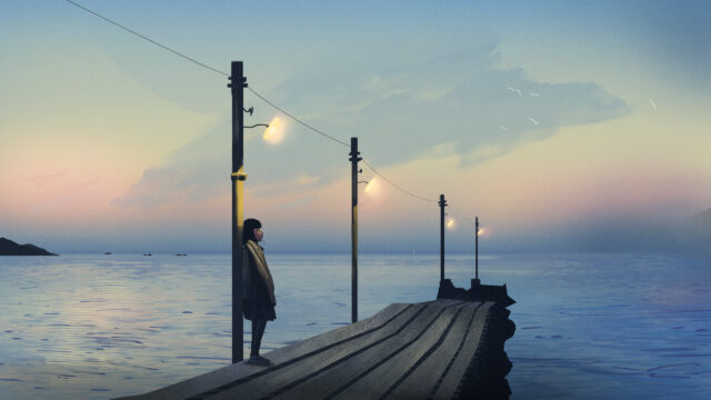 Lonely Girl Standing on a Pier at Sunset Anime Style Desktop Wallpaper
