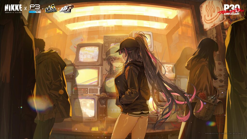 Anime Girl Standing Before Vintage Television Stack NIKKE x Persona Wallpaper 4K Desktop Wallpaper
