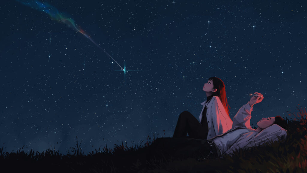 Anime Couple Watching a Shooting Star Under the Night Sky Desktop Wallpaper