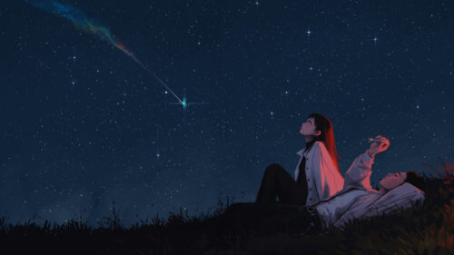 Anime Couple Watching a Shooting Star Under the Night Sky Desktop Wallpaper