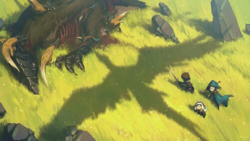 Anime Adventurers Facing a Dragon Shadow Fantasy Desktop Wallpaper