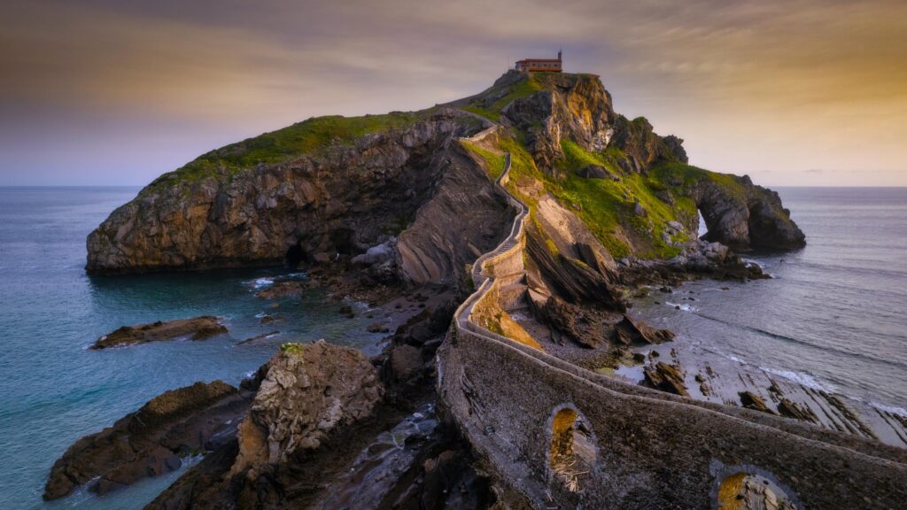 Stunning Gaztelugatxe Island Stone Bridge and Monastery 4K Desktop Wallpaper