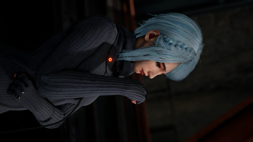 Stunning Anime Girl with Light Blue Hair and Dark Ribbed Sweater 4K Desktop Wallpaper