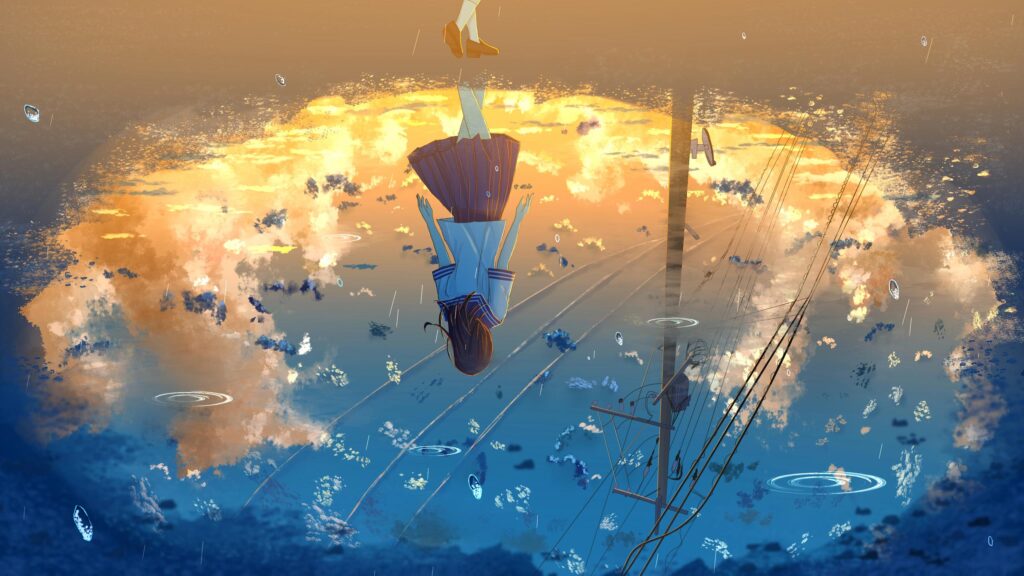 Anime Girl Floating in Surreal Sky Reflection 4K Desktop Wallpaper