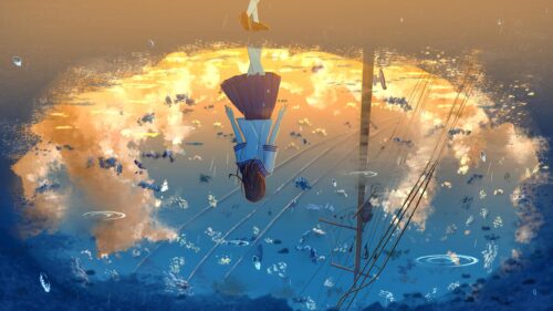 Anime Girl Floating in Surreal Sky Reflection 4K Desktop Wallpaper