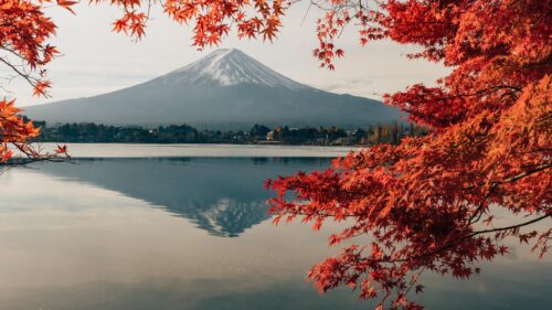 Stunning Mount Fuji Reflection with Autumn Red Maple Leaves 4K Desktop Wallpaper