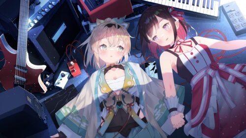 Anime Girls Lying on Music Studio Floor Desktop Wallpaper