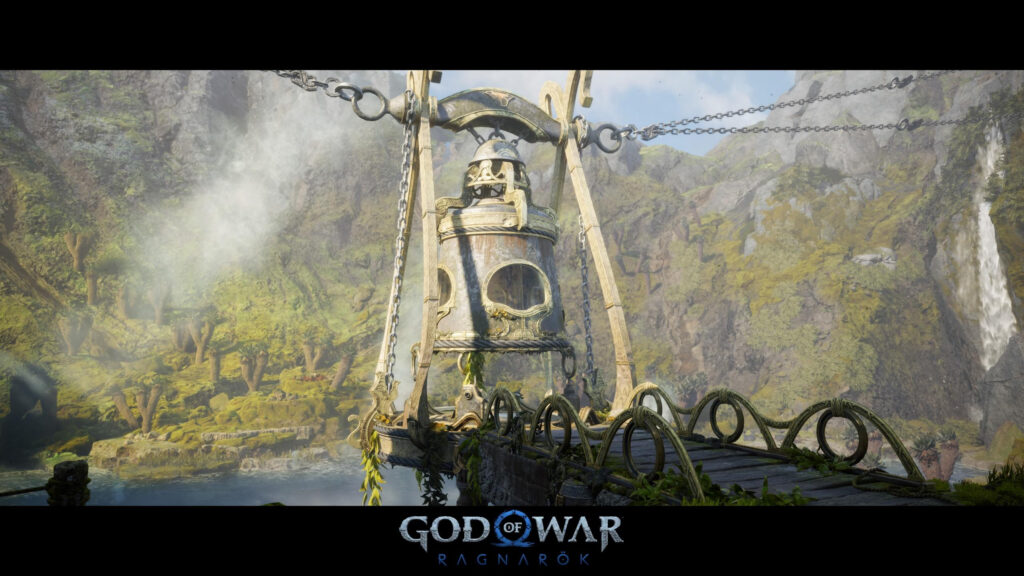 God of War Ragnarok Ancient Bell and Wooden Bridge Desktop Wallpaper