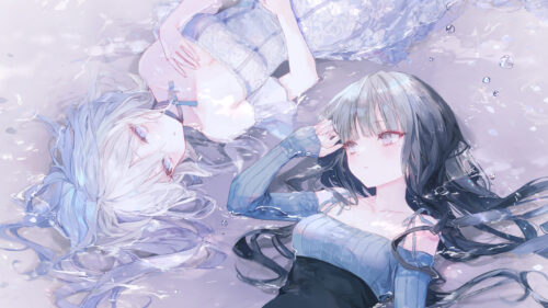 Two Anime Girls Floating in Water Aesthetic Desktop Wallpaper