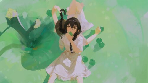 Dreamy Anime Girl Surrounded by Green Apples Artistic Desktop Wallpaper