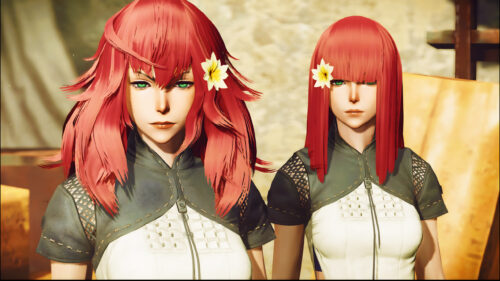 Dual Anime Girls with Red Hair and Tropical Flowers 4K Desktop Wallpaper