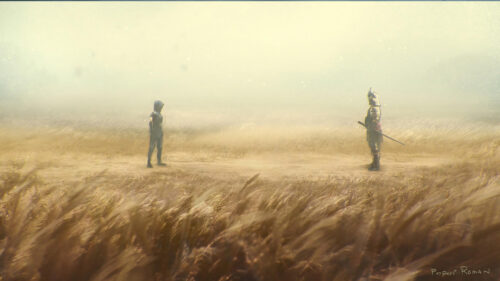 Samurai Standoff in Golden Wheat Field Cinematic Desktop Wallpaper