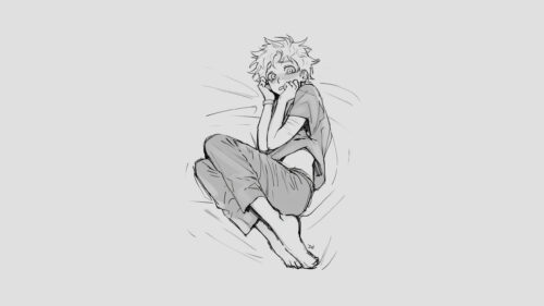 Anime Boy Curling Up in Bed Sketch Art Minimalist 4K PC Wallpaper