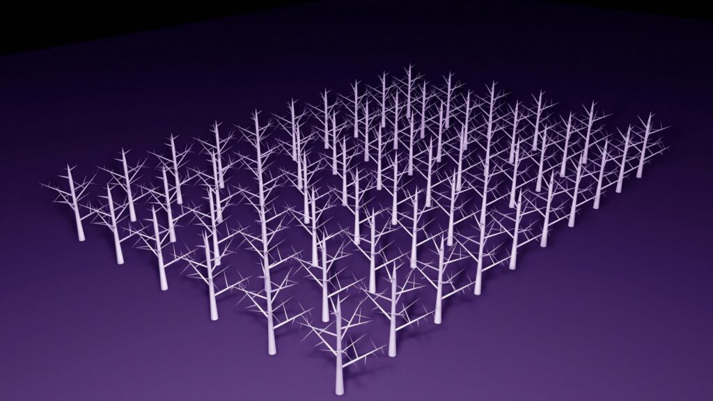 Minimalist Geometric Forest with White Bare Trees on Purple Background Desktop Wallpaper