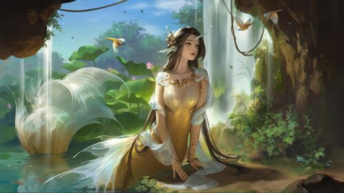 Enchanting Mermaid Princess with Unicorn Horn in Magical Forest Pond 4K Wallpaper