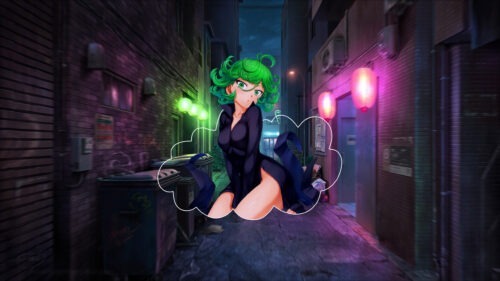 Tatsumaki One Punch Man Anime Girl in Cyberpunk Alleyway Desktop Wallpaper