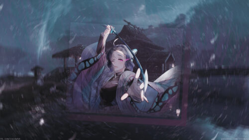 Shinobu Kocho Butterfly Mansion Rain Scene Anime Desktop Wallpaper