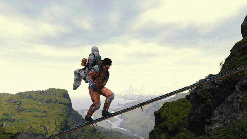 Sam Porter Bridges Crossing a Ravine in Death Stranding 4K Wallpaper