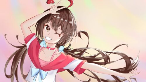 Cheerful Anime Girl Winking with Long Flowing Hair Desktop Wallpaper