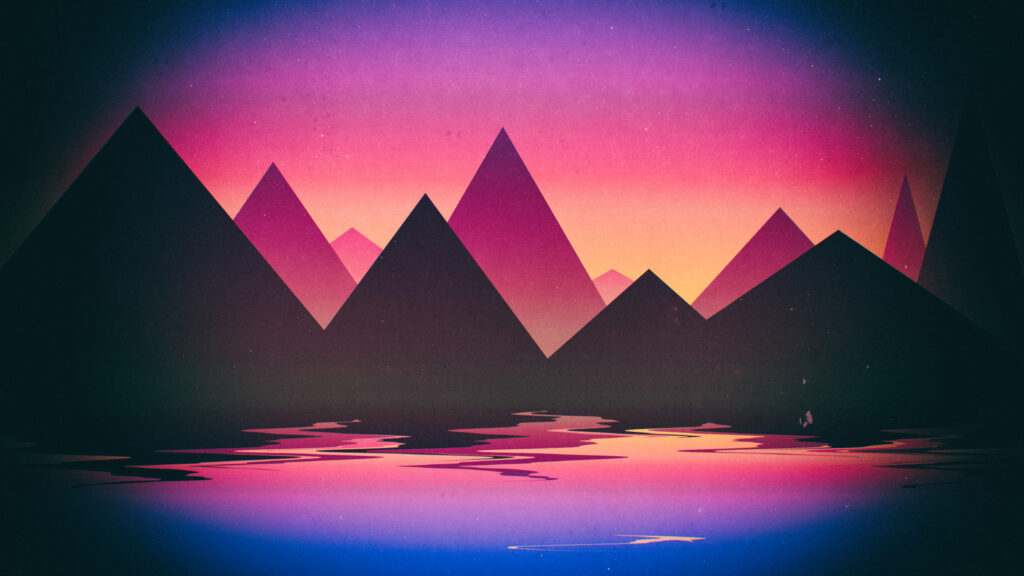 Minimalist Retro Synthwave Mountains Sunset Reflection 4K Desktop Wallpaper