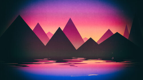 Minimalist Retro Synthwave Mountains Sunset Reflection 4K Desktop Wallpaper