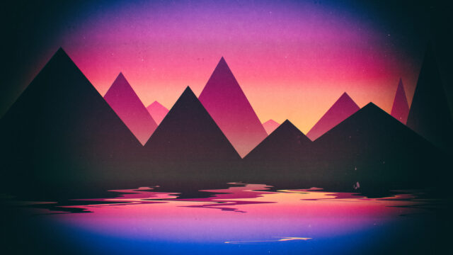 Minimalist Retro Synthwave Mountains Sunset Reflection 4K Desktop Wallpaper