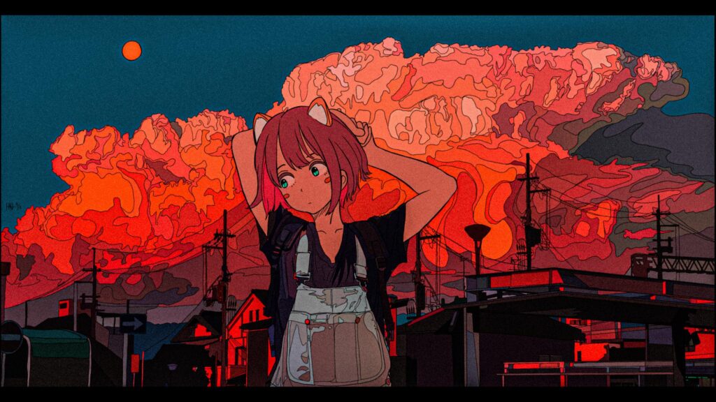 Anime Girl with Cat Ears Under a Surreal Fiery Sunset 4K Desktop Wallpaper