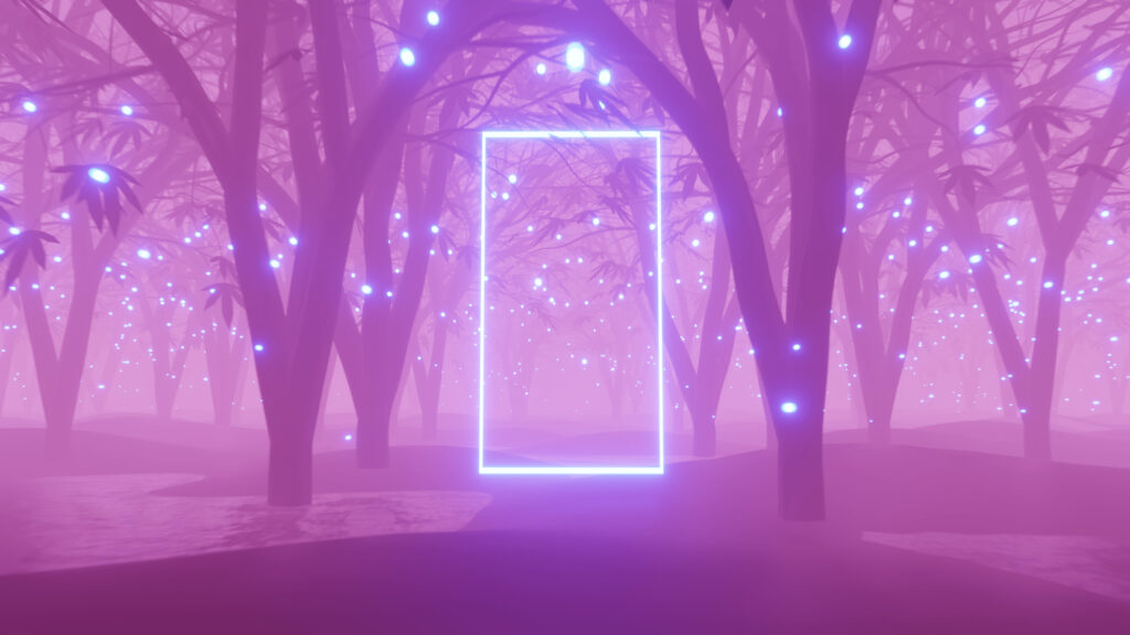 Ethereal Glowing Pink Forest with Neon Portal Desktop Wallpaper
