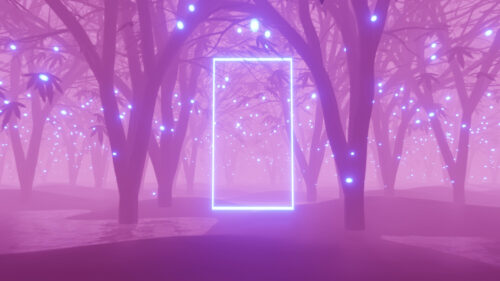 Ethereal Glowing Pink Forest with Neon Portal Desktop Wallpaper