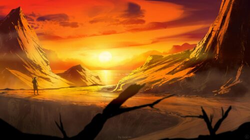 Solitary Traveler Amidst Golden Sunset Mountains Desktop Wallpaper