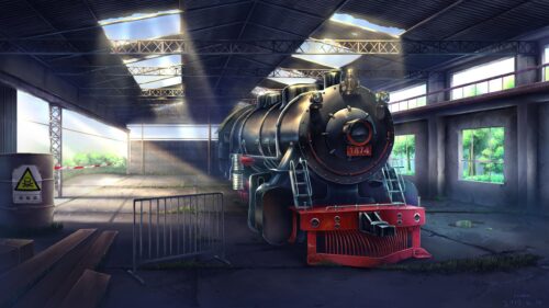 Abandoned Steam Locomotive in Dilapidated Warehouse Anime Art 4K Wallpaper