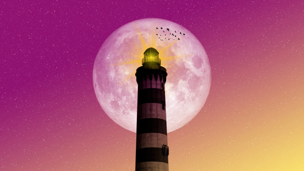 Stunning Lighthouse Silhouetted Against a Giant Full Moon Desktop Wallpaper