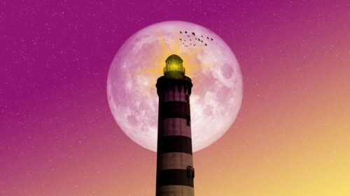 Stunning Lighthouse Silhouetted Against a Giant Full Moon Desktop Wallpaper