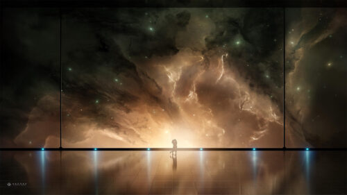 Couple Embracing Before a Cosmic Nebula Starfield 4K PC Desktop Wallpaper
