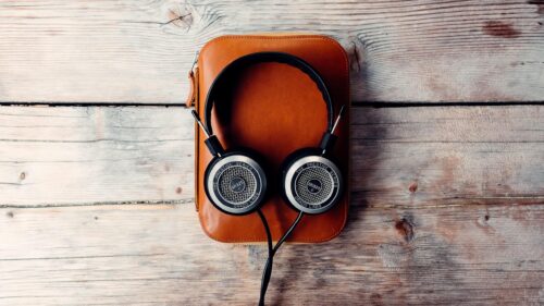 Grado SR325e Audiophile Headphones on Leather Case Desktop Wallpaper