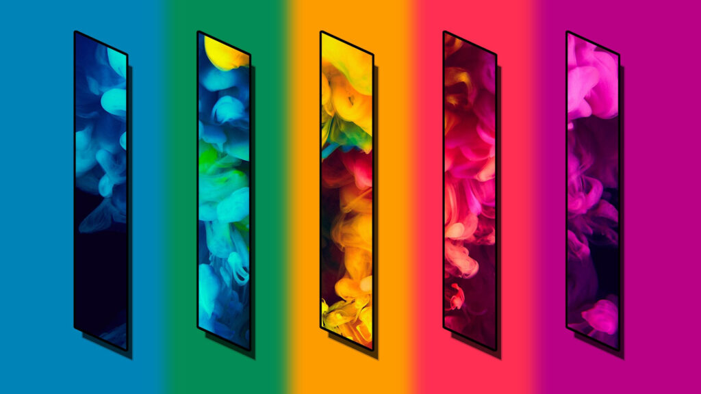 Vibrant Colorful Ink Clouds in Vertical Display Panels Desktop Wallpaper