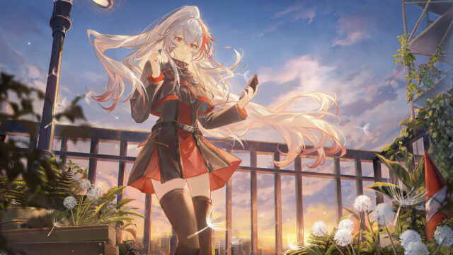 Anime Girl With Long Silver Hair at Sunset City Rooftop 4K Desktop Wallpaper