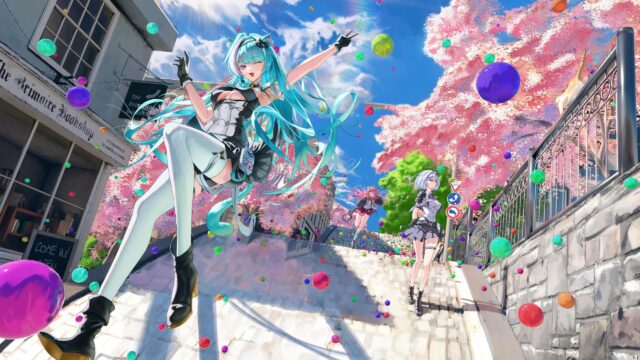 Anime Girls Running Through Magical Floating Spheres Desktop Wallpaper