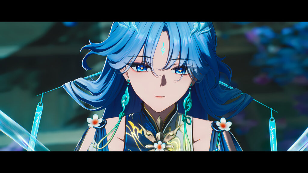 Beautiful Anime Girl with Blue Hair and Floral Accents 4K Desktop Wallpaper