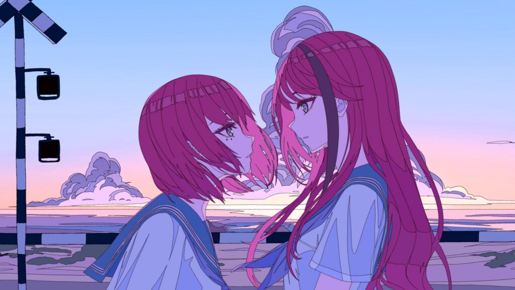 Two Anime Girls Facing Each Other at Sunset Aesthetic Desktop Wallpaper