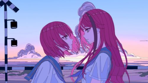 Two Anime Girls Facing Each Other at Sunset Aesthetic Desktop Wallpaper
