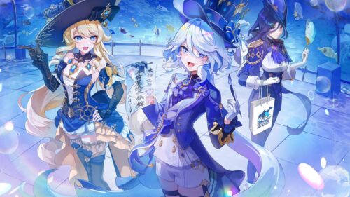 Genshin Impact Furina Navia and Clorinde at Aquarium 4K Desktop Wallpaper