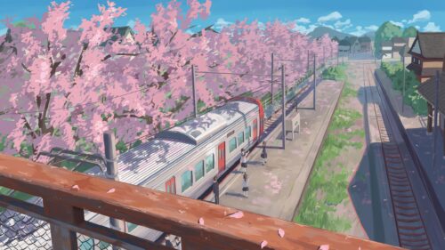 Anime Students Waiting for Train at Cherry Blossom Station Desktop Wallpaper