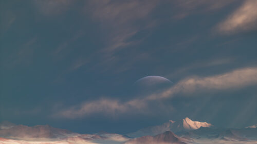 Serene Alien Landscape with Moon and Mountain Peaks Desktop Wallpaper