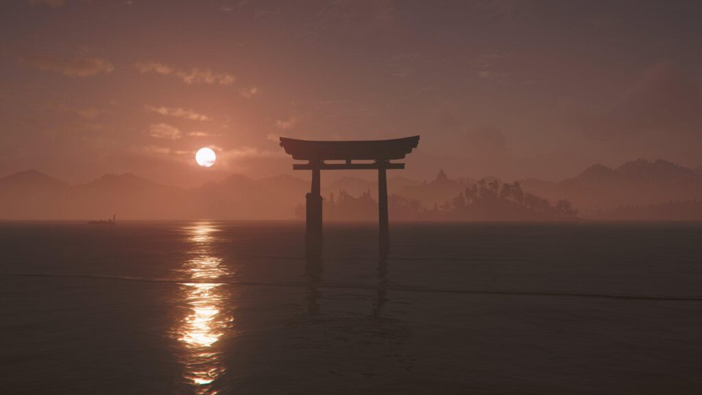 Serene Torii Gate at Sunset Over Still Waters Desktop Wallpaper