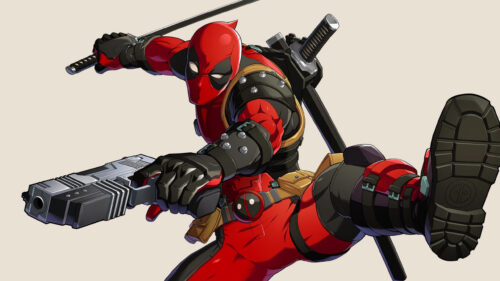 Dynamic Deadpool Action Pose with Katana and Pistol Desktop Wallpaper
